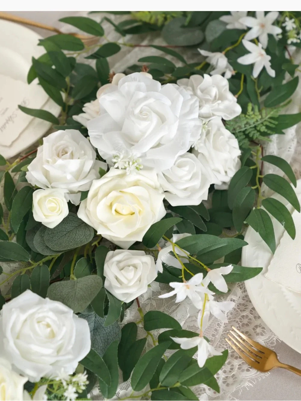 White Rose & Greenery Table Runner - Cascading Floral Garland